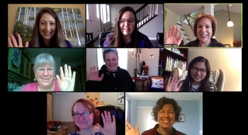 Screenshot of eight staff from the Schlow Centre Region Library in a virtual meeting using the Zoom platform