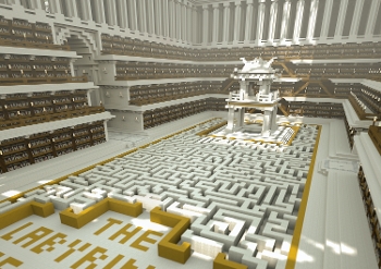 large book lined Minecraft room with pagoda at one end approached by a maze