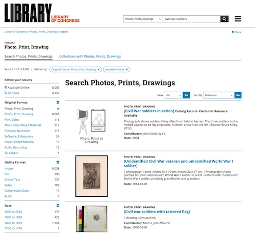 screen shot of Library of Congress image search for