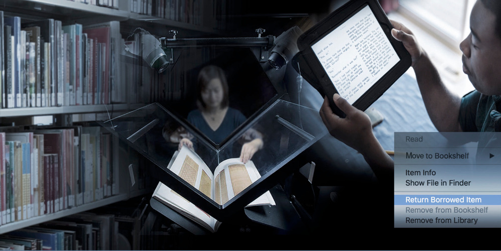 image from Controlled Digital Lending website homepage of woman digitizing print book and man using a dedicated ereader. Creative Commons License