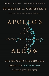 Cover of Apollo's Arrow: The Profound and Enduring Impact of Coronavirus on the Way We Live (book title in gold on a black background with a stylized blue bow and arrow)